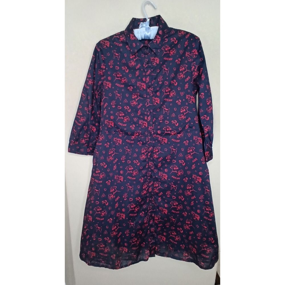 Cath Kidston London Navy Blue Red Dog Heart Star Shirt Dress Womens UK Size 8